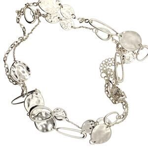 Chicos Silver Tone Necklace 41" Long Two Strand Hammered Disk Chain Statement